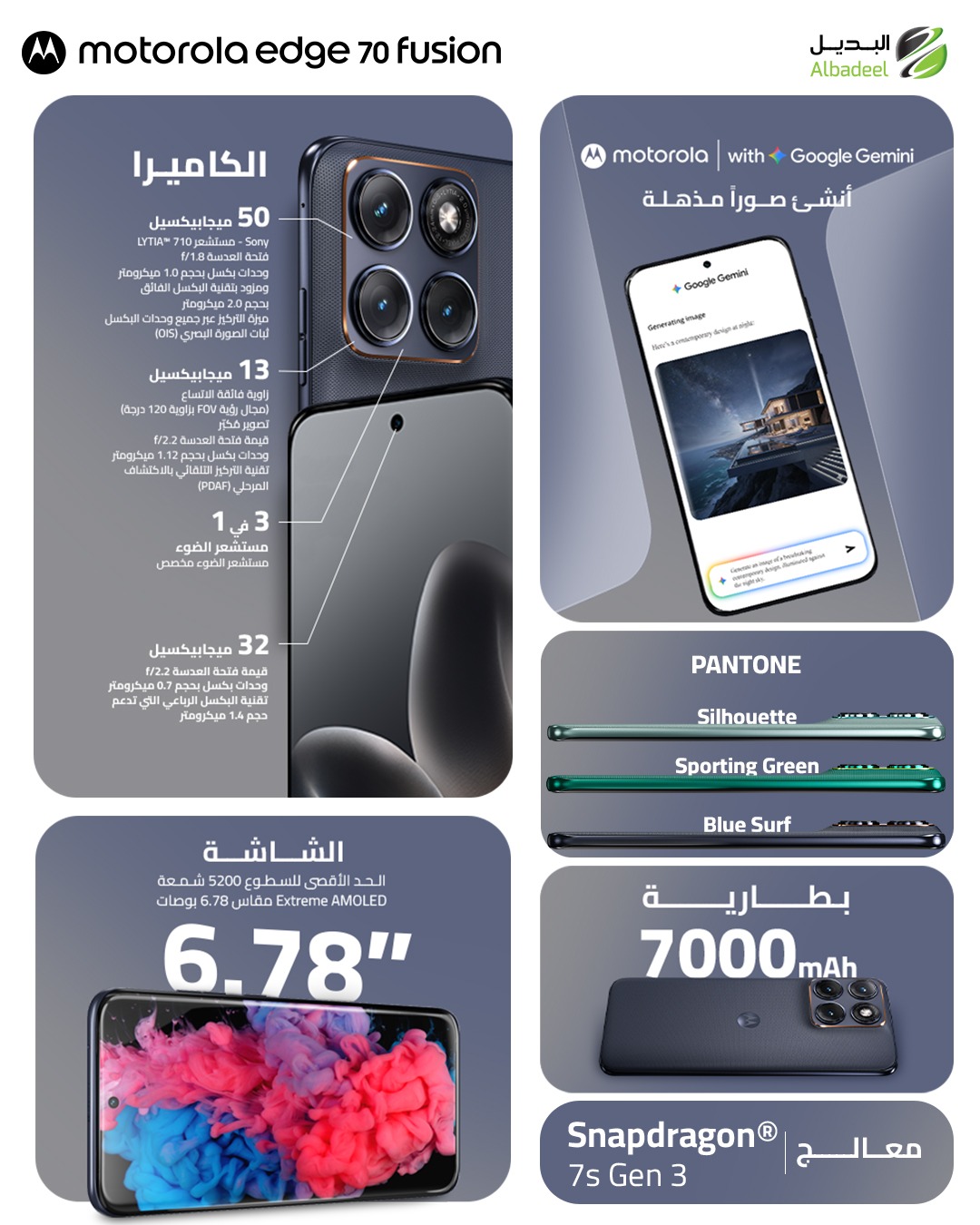 ما بتحتاج باور بانك... بتحتاج Edge 70 Fusion. 🔋😮‍💨

📸 كاميرا Sony LYTIA 710 بدقة 50MP
⚡ معالج Snapdragon 7s Gen 3
🤖 Google Gemini مدمج
📱 شاشة AMOLED بحجم 6.78"
🔋 بطارية 7000mAh تكمل معك من أول اليوم لآخره.

كل اللي بدك ياه... بجهاز واحد. 🔥

#Motorola #Edge70Fusion #MotoJordan #Albadeel #خليك_مع_موتو